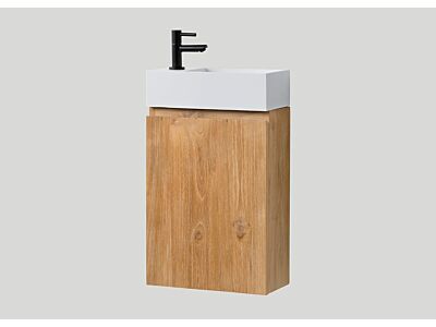 Djati teak toiletmeubel Bali links met solid surface toiletfontein mat wit (1 kr.gt) - 40 cm